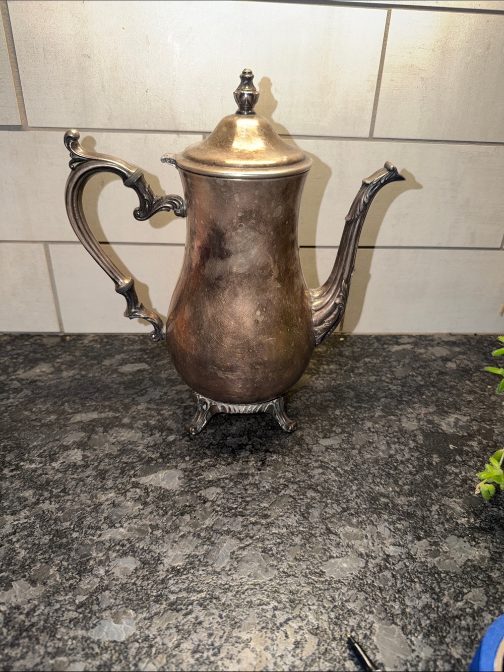 Vintage Silver-Tone Decorative Coffee Pot - Brown/Silver Finish